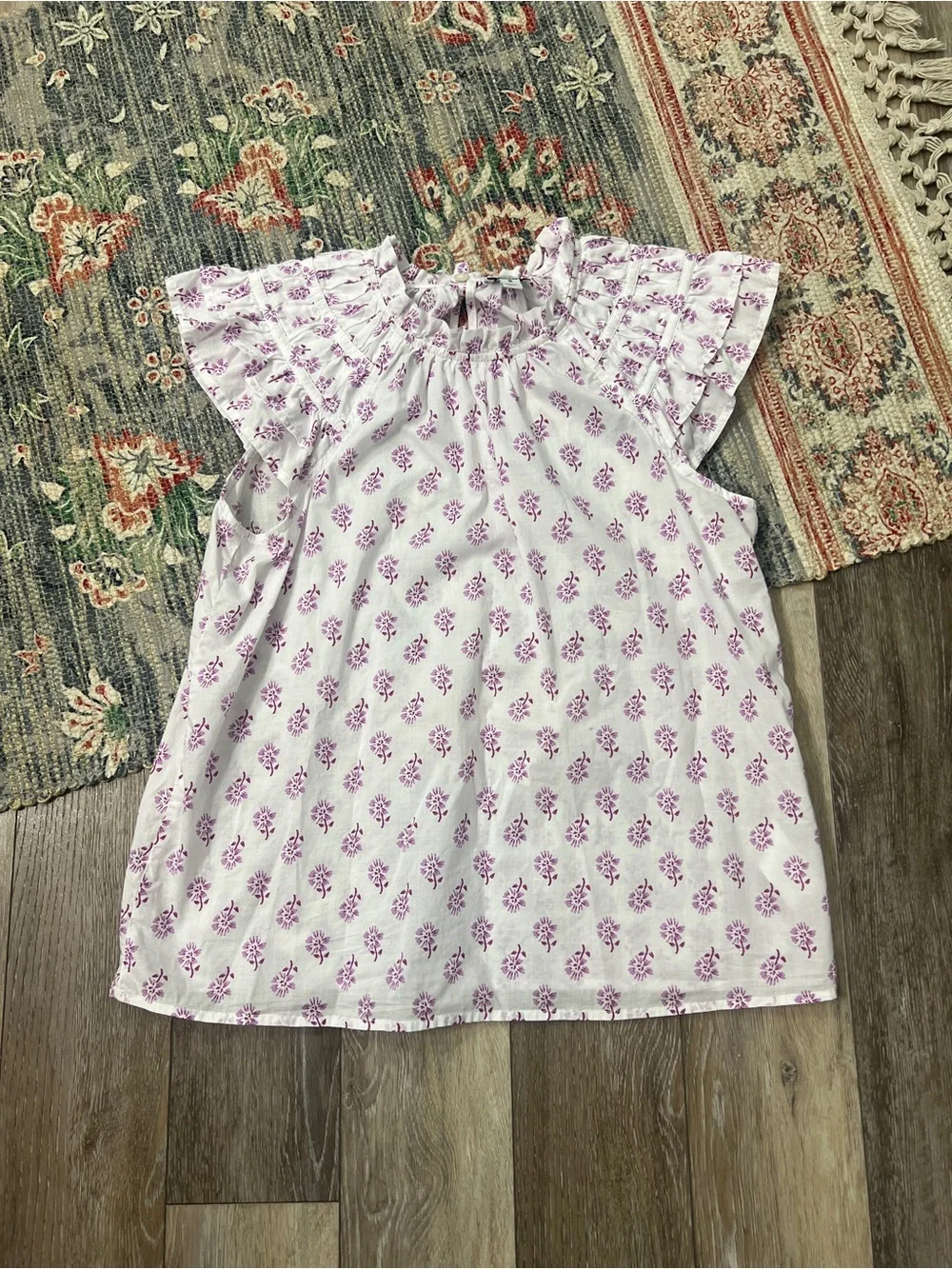 J.Crew Factory flutter-sleeve top features a white base with a purple floral